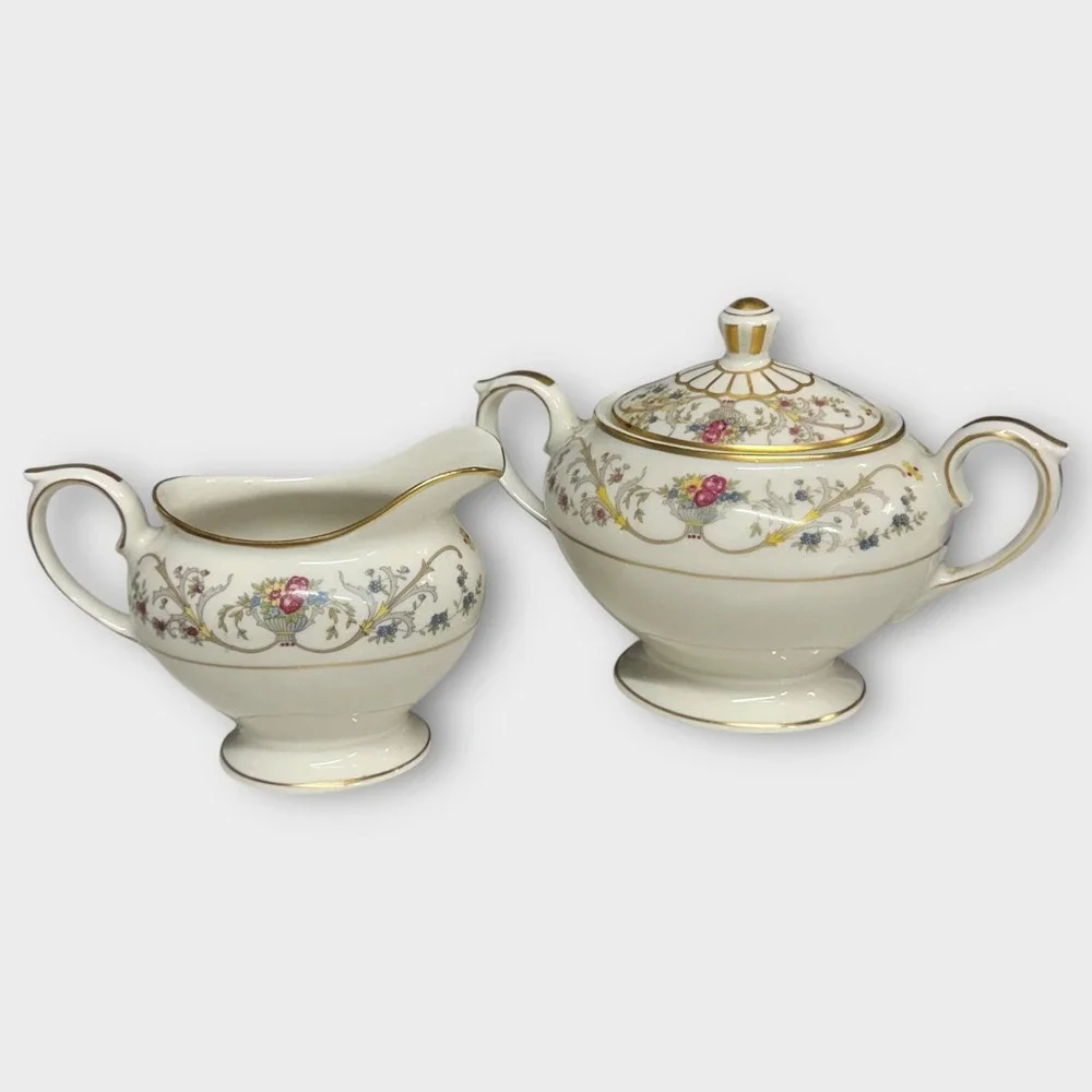 Lamberton Ivory China Sugar Bowl‎ w/ Lid & Creamer Set Dorothea VTG Made in USA